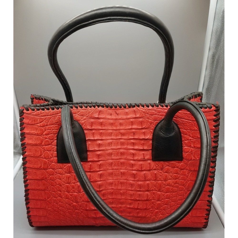 Red Crocodile Embossed Leather Whipstitch Tote Bag Medium